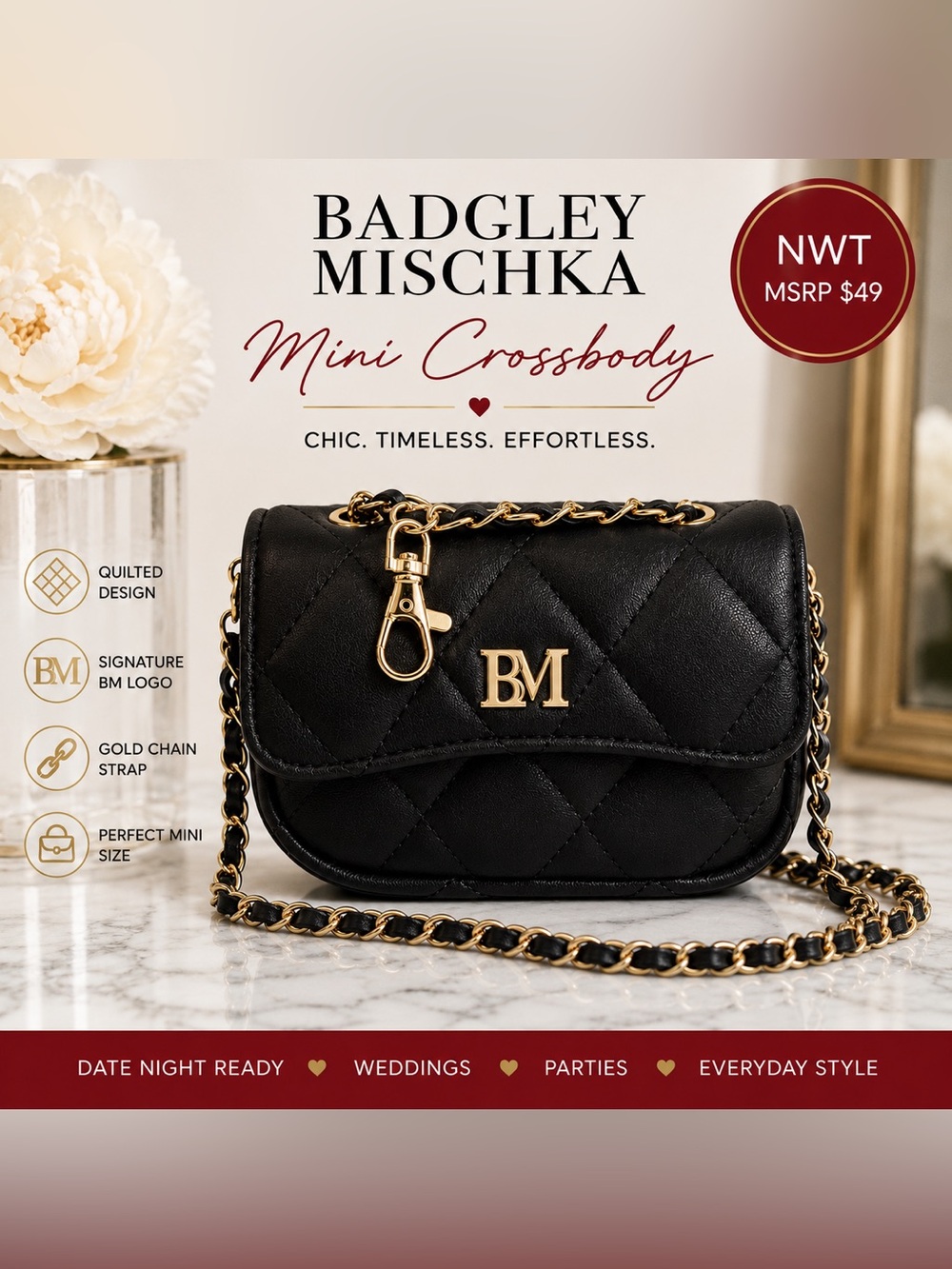 Badgley Mischka Black Quilted Mini Crossbody with Gold Chain